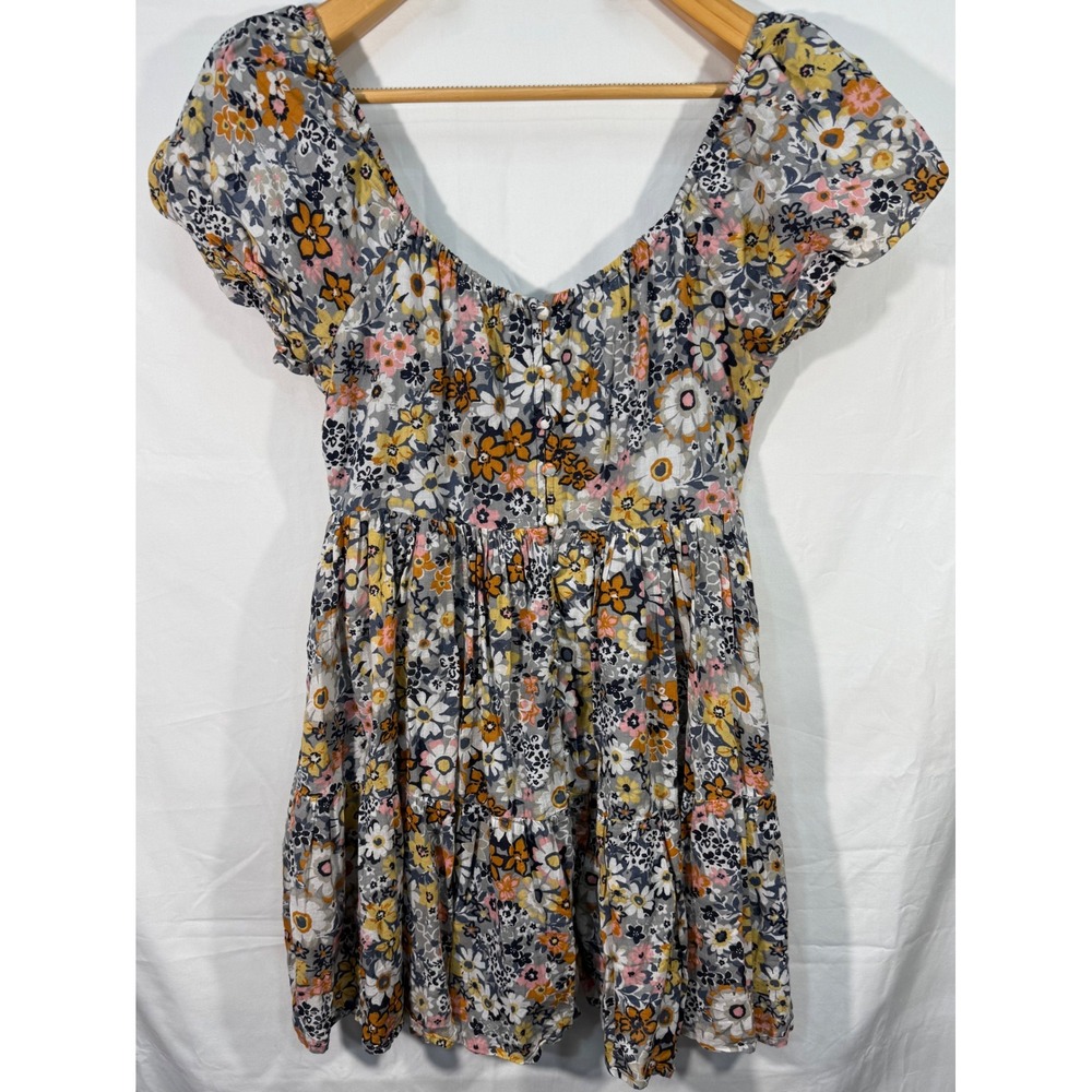 American Eagle Floral Babydoll Mini Dress Multi Color Puff Sleeve Smocked Back M